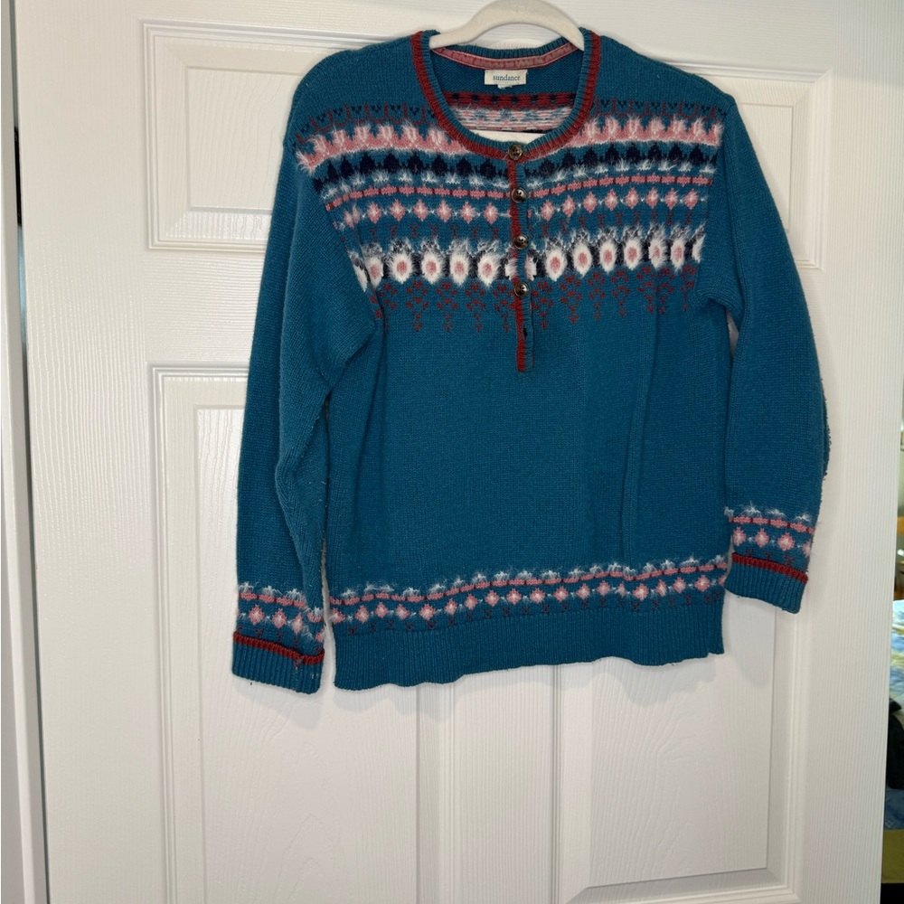 Sundance BlueButton Long Sleeve 58% Cotton/33% Nylon/9% Wool Sweater Sz M PTP 19